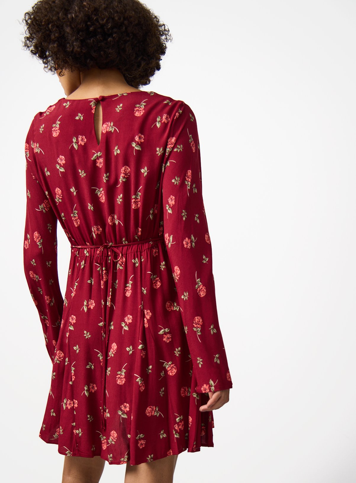 Burgundy Floral Print Waisted Mini Dress 6 - Image 4 thumbnail